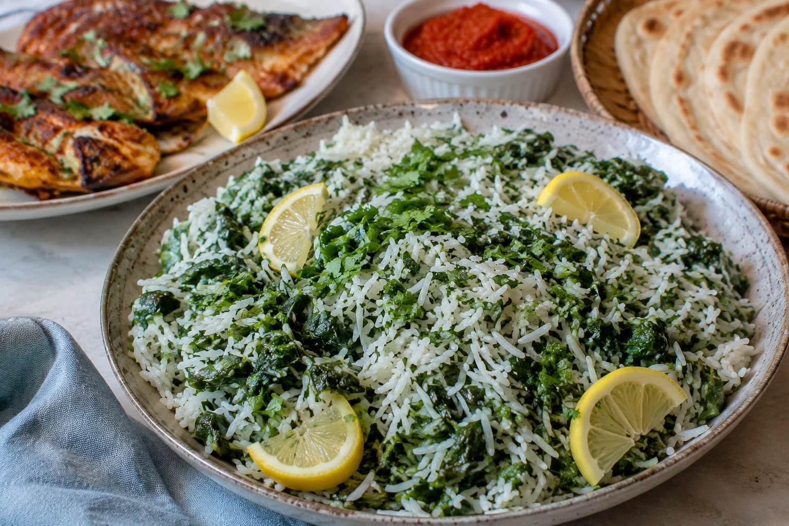 طبق سبانخ بالأرز والليمون صومالي، أرز بسمتي أبيض مفلفل مختلط بسبانخ خضراء زاهية وقطع ليمون طازج، يقدم مع سمك مشوي وصلصة هريسة حارة وخبز صومالي