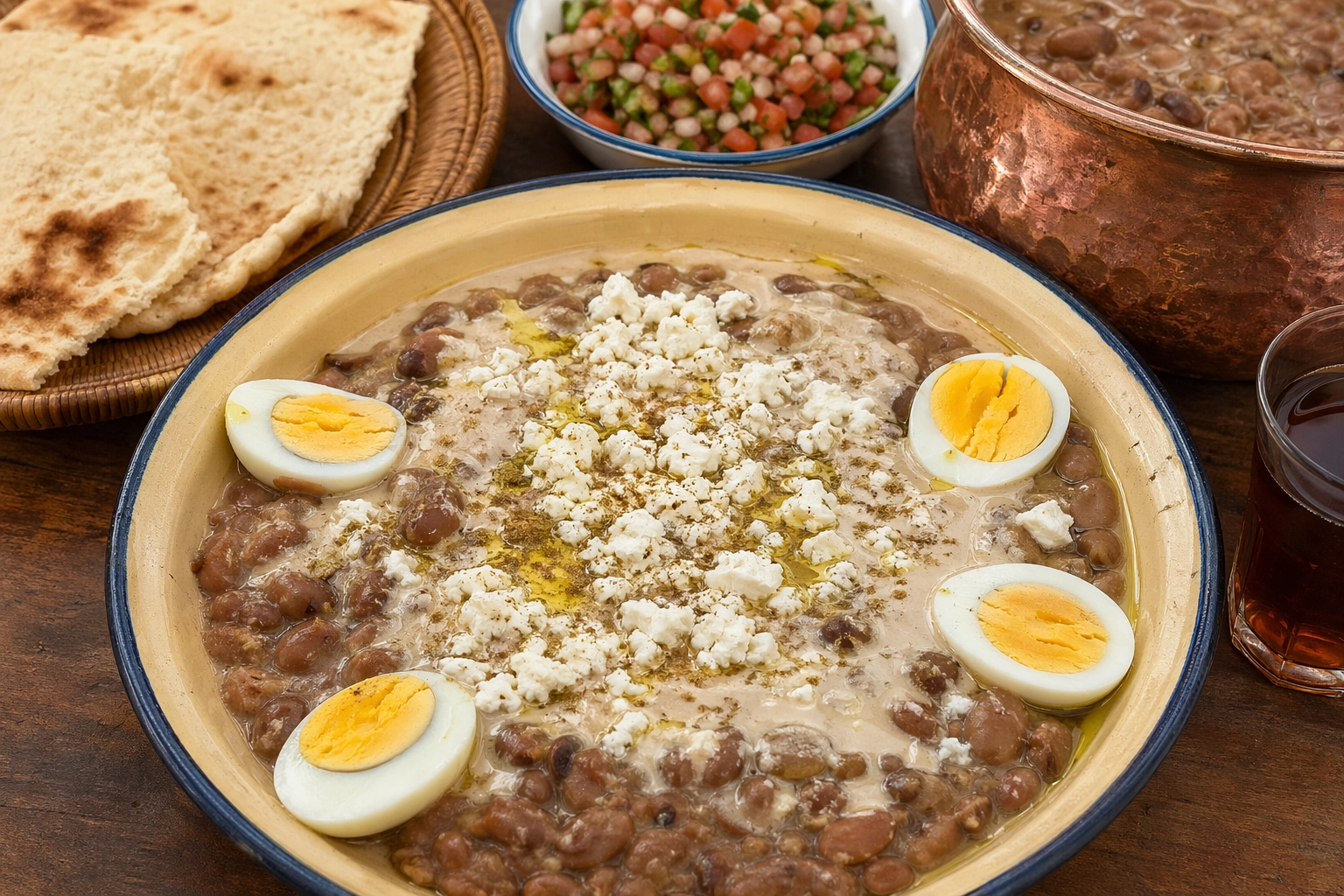 طريقة-عمل-طبق فول مدمس سوداني في إناء فخاري مع طحينة وجبنة بيضاء وبيض مسلوق وسلطة الدكوة الحامضة
