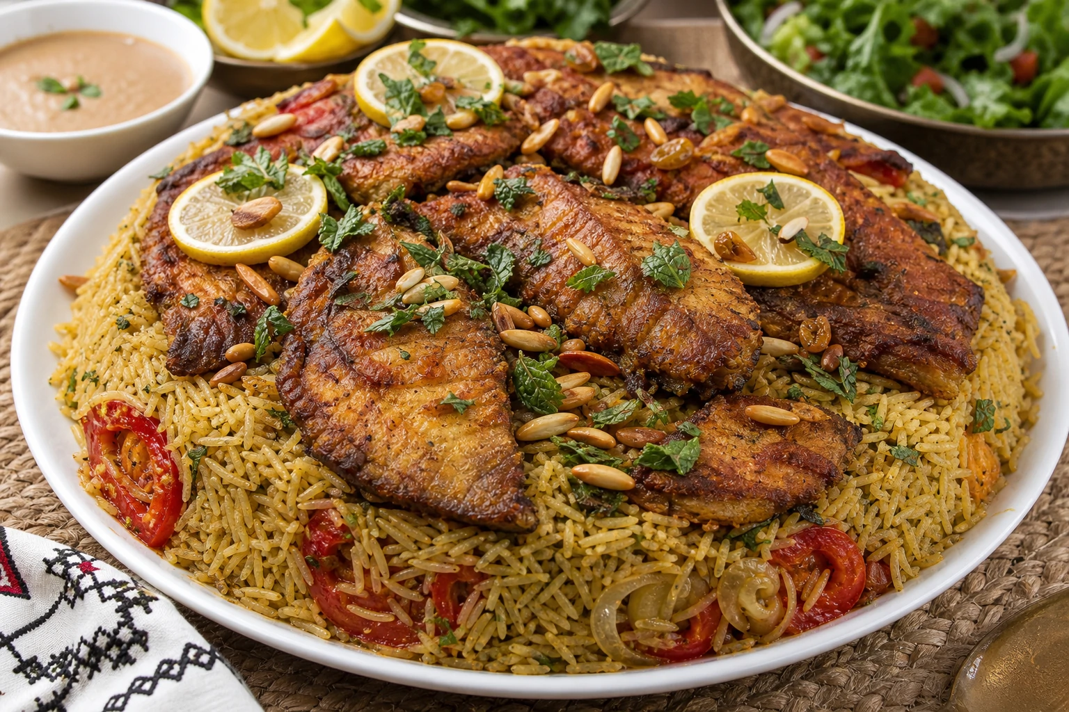 طبق مقلوبة سمك بلطي سوداني مقلوب على طبق كبير يظهر طبقات الأرز المفلفل الذهبي وقطع السمك المقلي المتبل، مزين بالليمون والنعناع الطازج والمكسرات