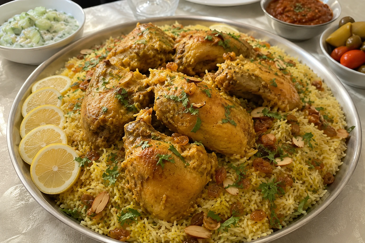 طبق دجاج سوداني بالزعفران والهيل والقرفة، قطع دجاج ذهبية مطهوة بالبخار مع أرز بسمتي مفلفل ومكسرات وزبيب، يقدم في طبق كبير مع سلطة وليمون