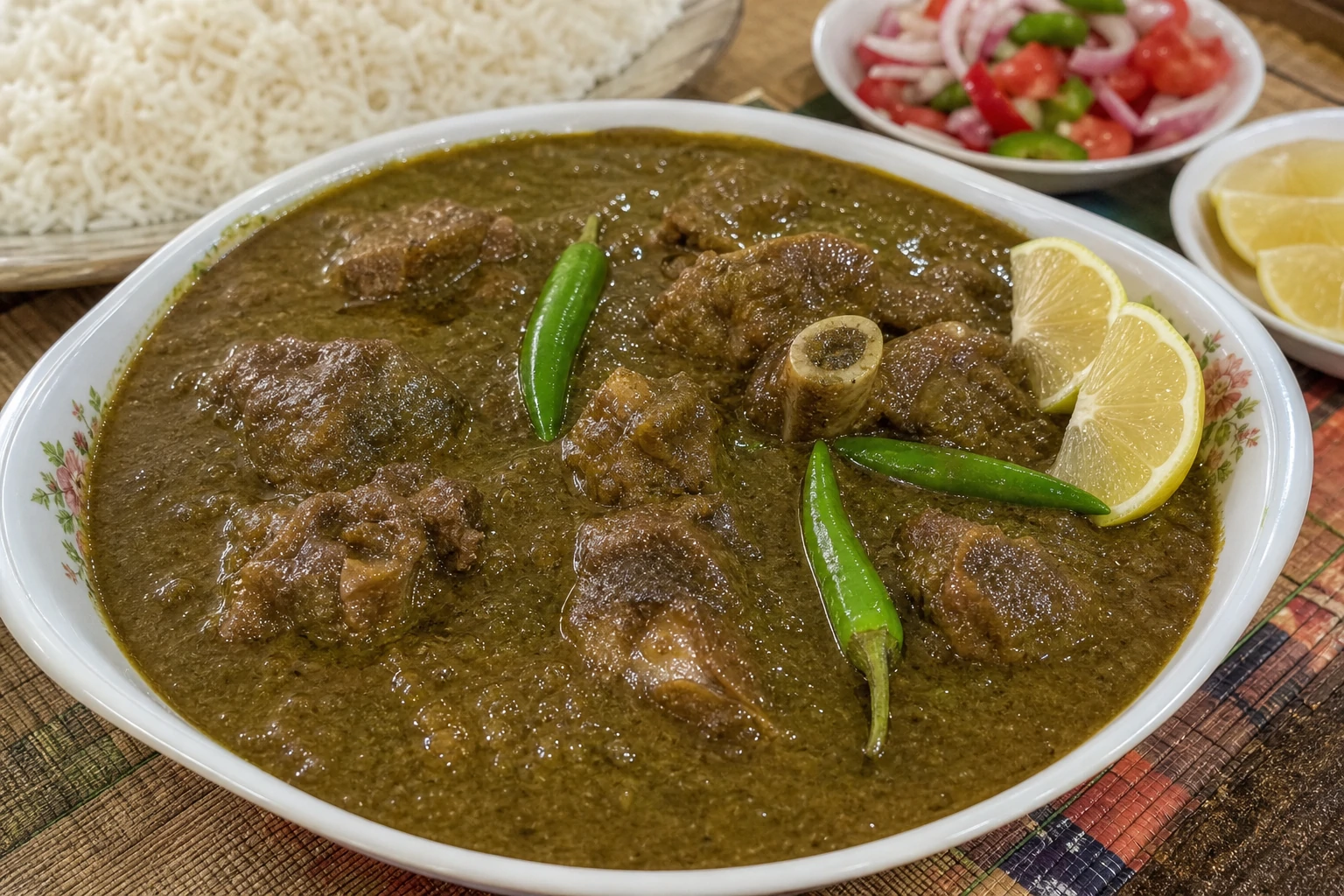 طبق ملاح ويكة سوداني تقليدي بقوام مخملي من البامية المطحونة مع قطع اللحم يقدم مع الأرز الأبيض وشرائح الليمون والفلفل الأخضر الحار