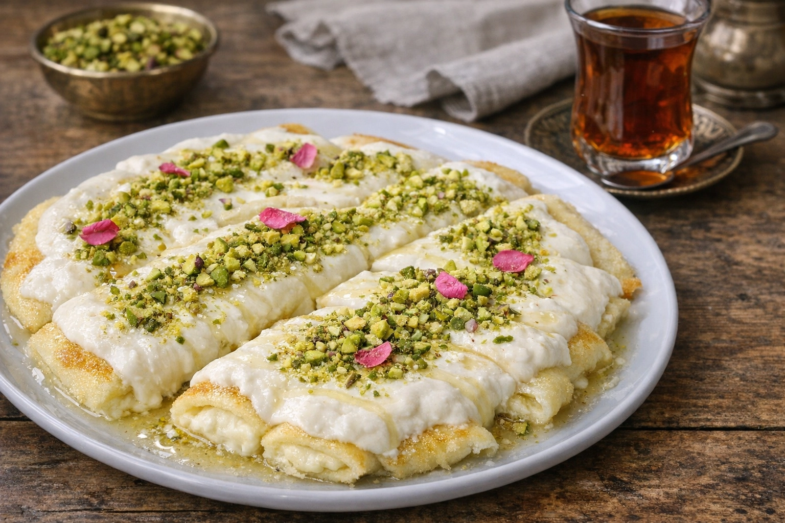 طريقة-عمل-طبق من حلاوة الجبن السورية مع القشطة، مزين بالفستق الحلبي وماء الورد، بجانب كأس شاي