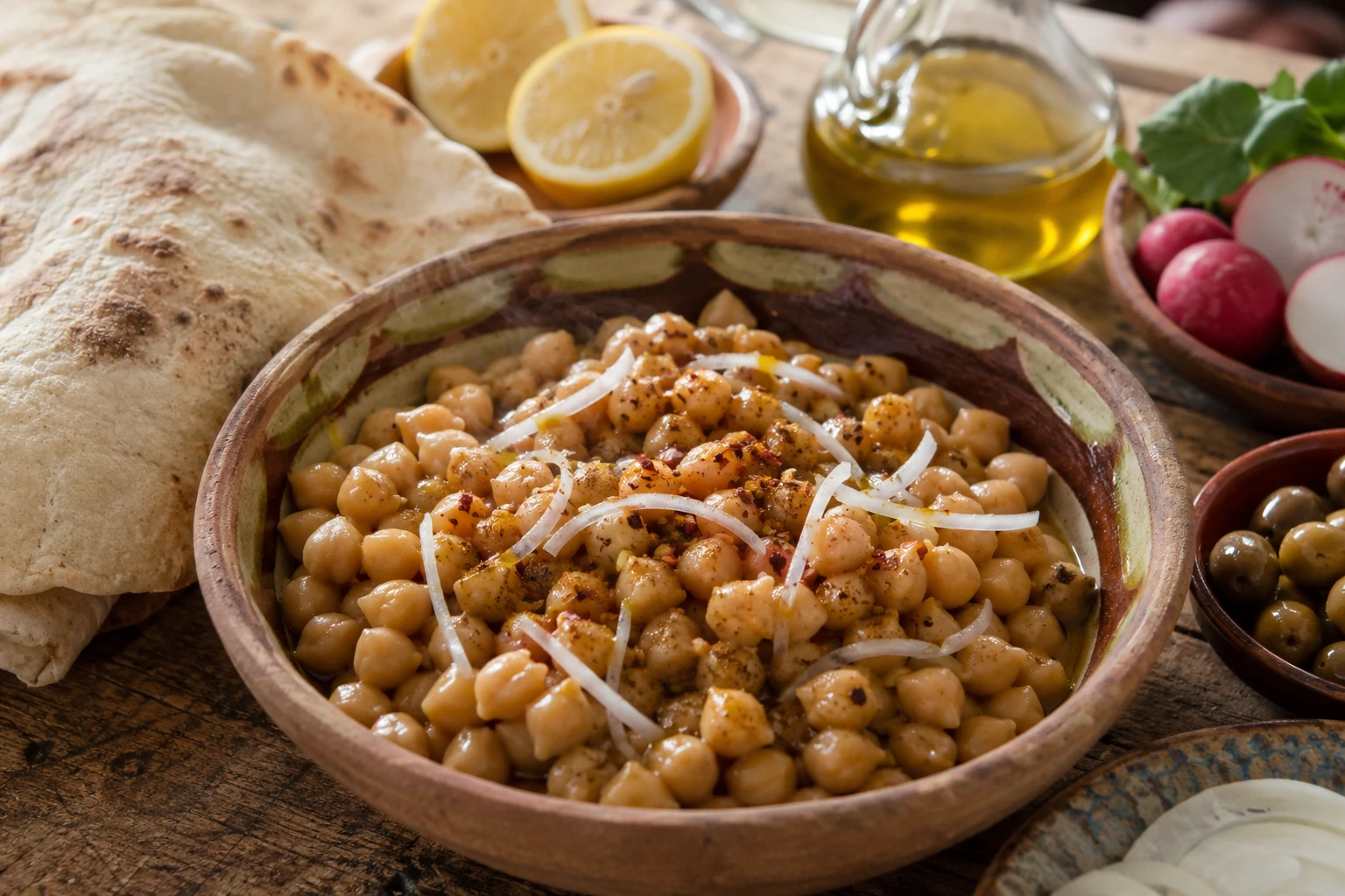 طبق فخاري سوري يحتوي على حمص ساخن بالبصل والليمون والزيت، بجانبه خبز عربي طازج وزيت زيتون وليمون معصور وفلفل حلبي، على مائدة إفطار دمشقية تقليدية