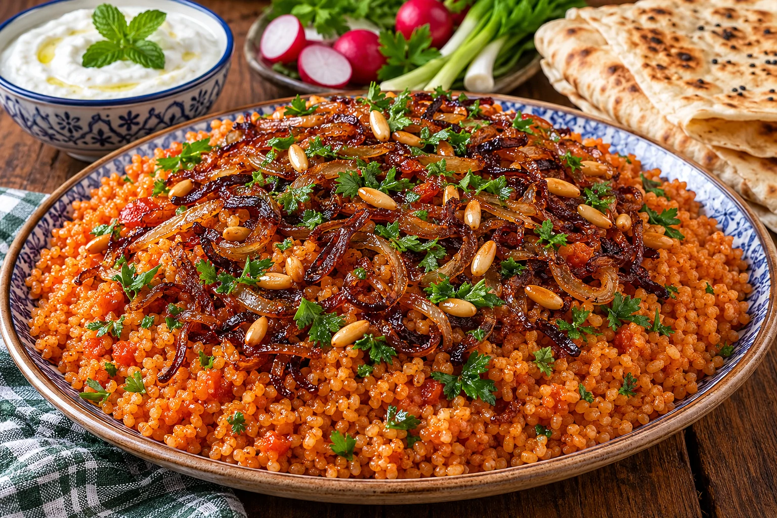 طبق برغل بالبندورة والبصل المحمر سوري، حبات برغل خشنة مفلفلة في صلصة طماطم غنية بالبصل المحمر الذهبي، مزين بالصنوبر المحمص والبقدونس، مع لبن رائب وخبز عربي