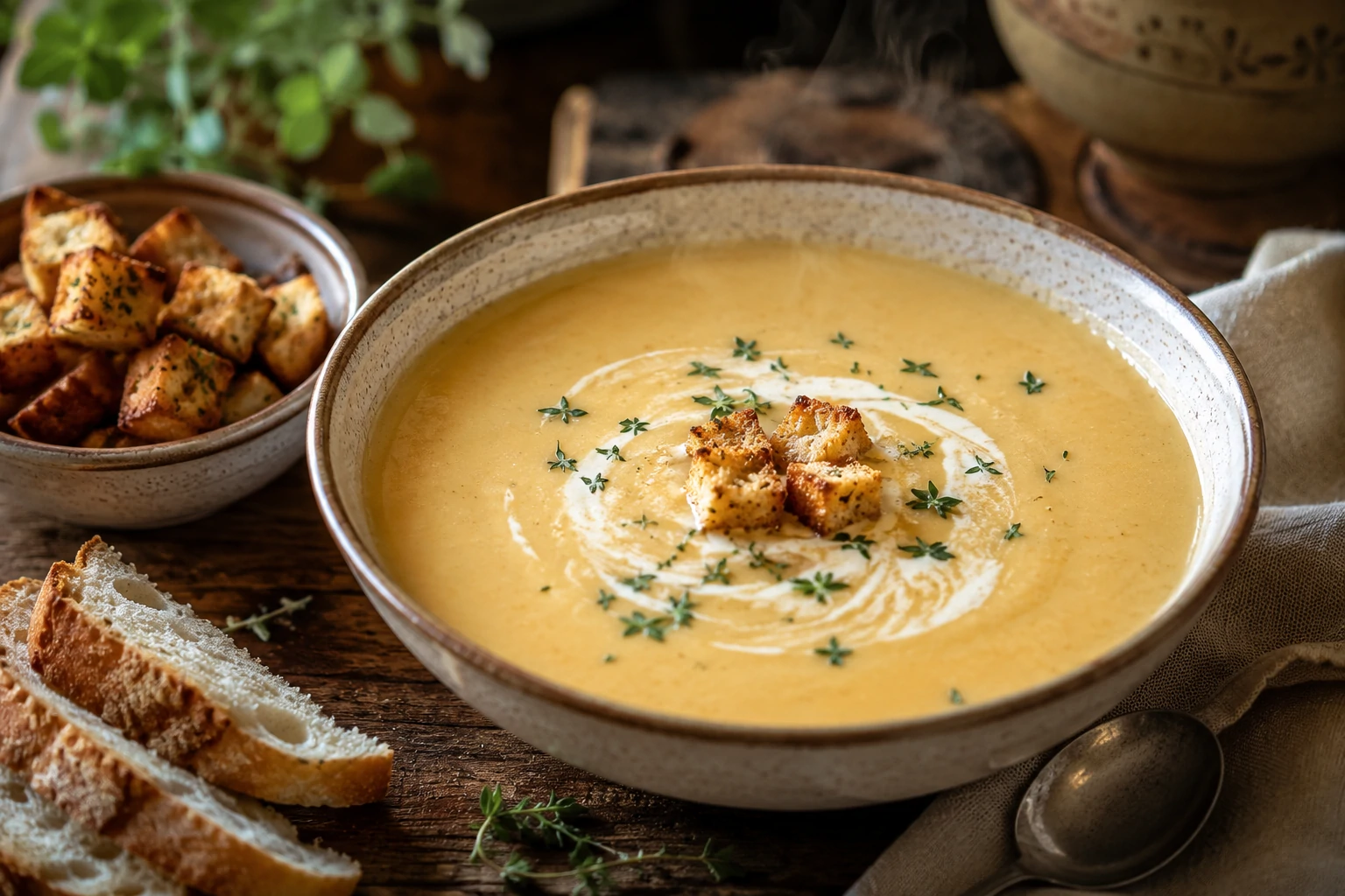 طريقة-عمل-شوربة خضار سورية مخملية بالكريمة والزعتر الطازج، تقدم في أطباق عميقة مع خبز محمص وأوراق زعتر للتزيين
