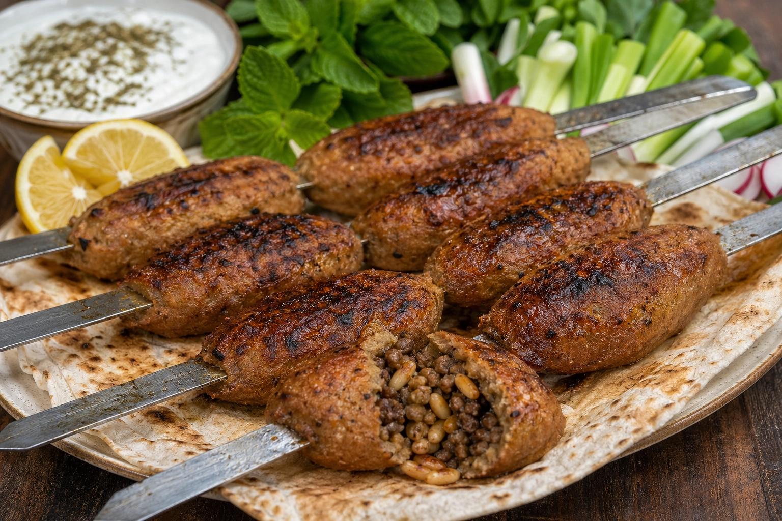 طريقة-عمل-أقراص كبة مشوية على الفحم الحجري بتوهج ذهبي محمر، محشوة باللحم المفروم والصنوبر والدهن، مقدمة على فرش من الخبز التنوري مع شرائح الليمون والنعناع الأخضر