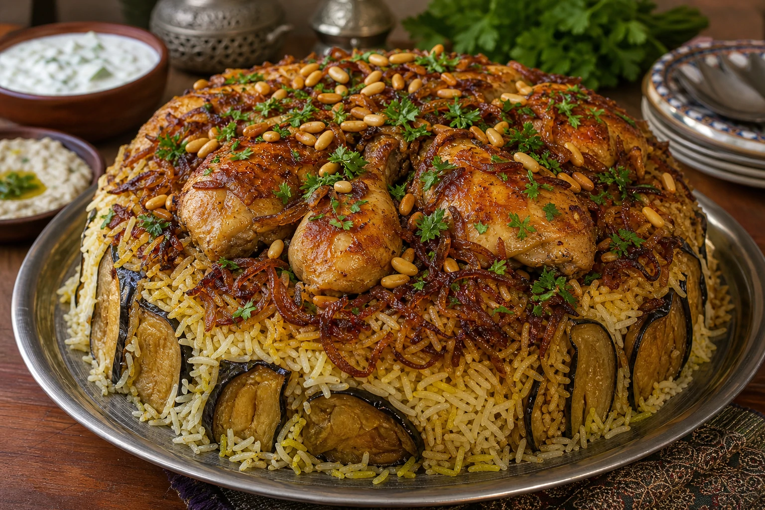 طبق مجلوبة دجاج سورية مقلوبة بشكل مثالي تظهر طبقات الأرز المفلفل والباذنجان والدجاج مع البصل المكرمل والصنوبر المحمص