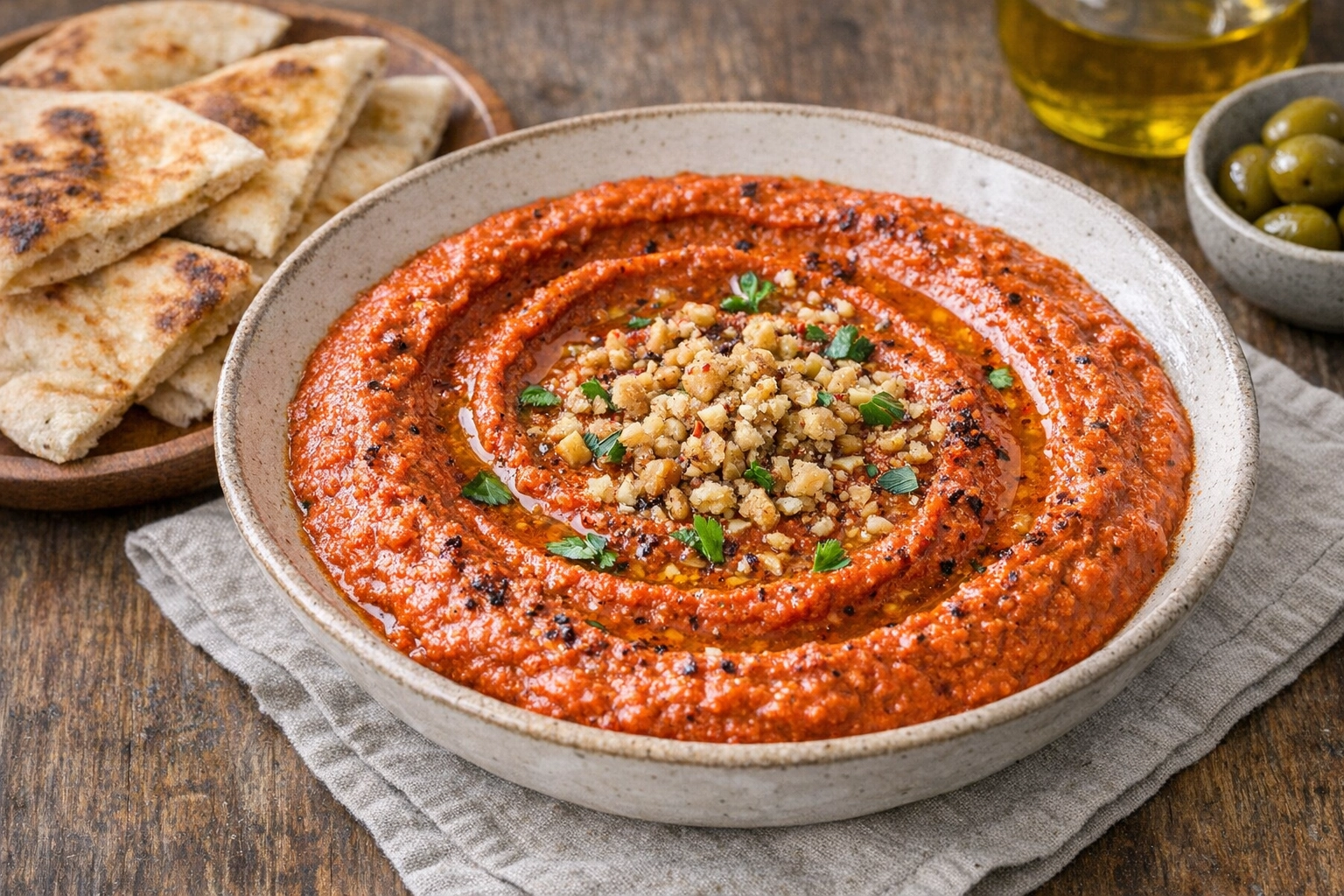 طريقة-عمل-طبق محمرة سورية حمراء كريمية مزينة بالجوز المجروش وزيت الزيتون، مع خبز عربي محمص جانبي