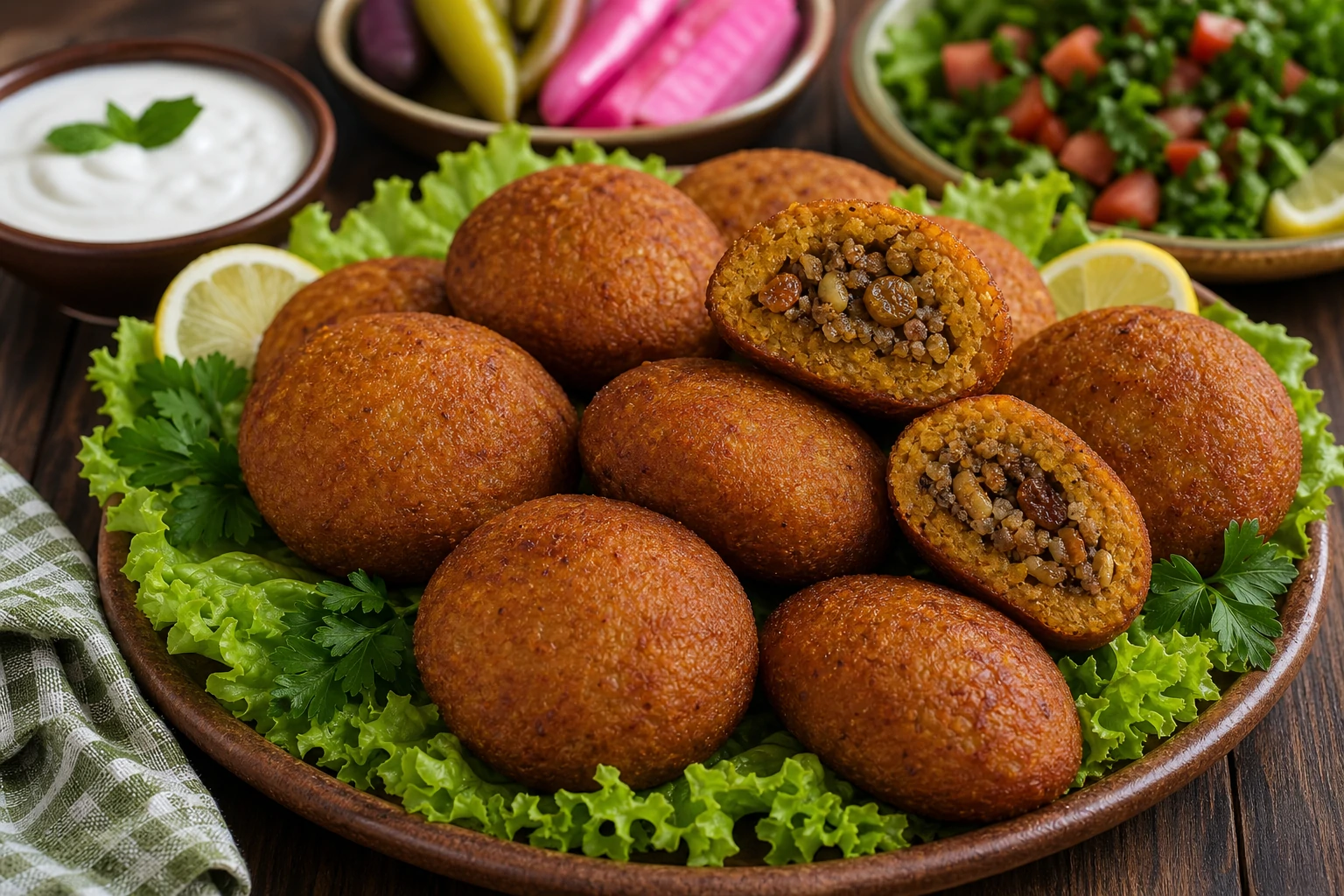 طبق كبة يقطين سورية ذهبية مقلية على شكل أقراص محشوة بالجوز والزبيب، مع عجينة متماسكة ناعمة بدون تشققات، إلى جانب سلطة خضراء ولبن زبادي
