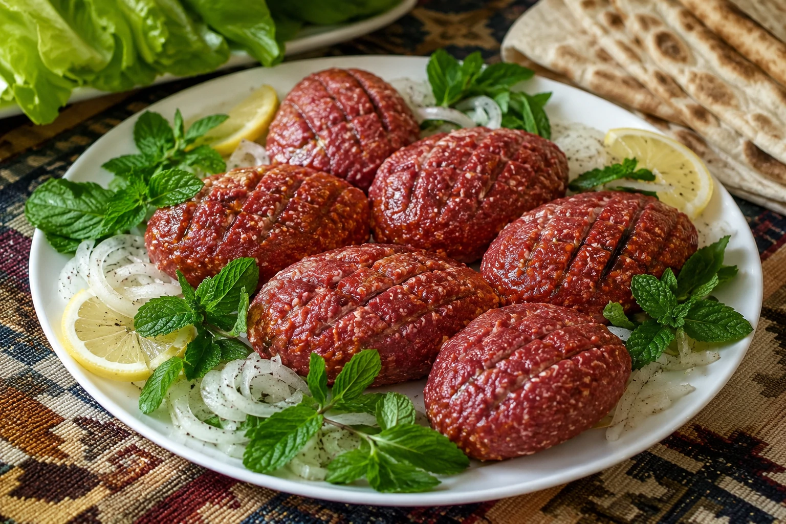 طبق تقديم أبيض مسطح يحمل كبة نية سورية مشكلة بشكل أقراص ملساء، مزينة بخطوط زخرفية، يحيط بها أوراق النعناع الأخضر الطازج وشرائح البصل الأبيض والليمون، مع رذاذ من زيت الزيتون البكر الممتاز على الوجه، بجانب خبز عربي طازج وأوراق خس على مائدة شامية تقليدية