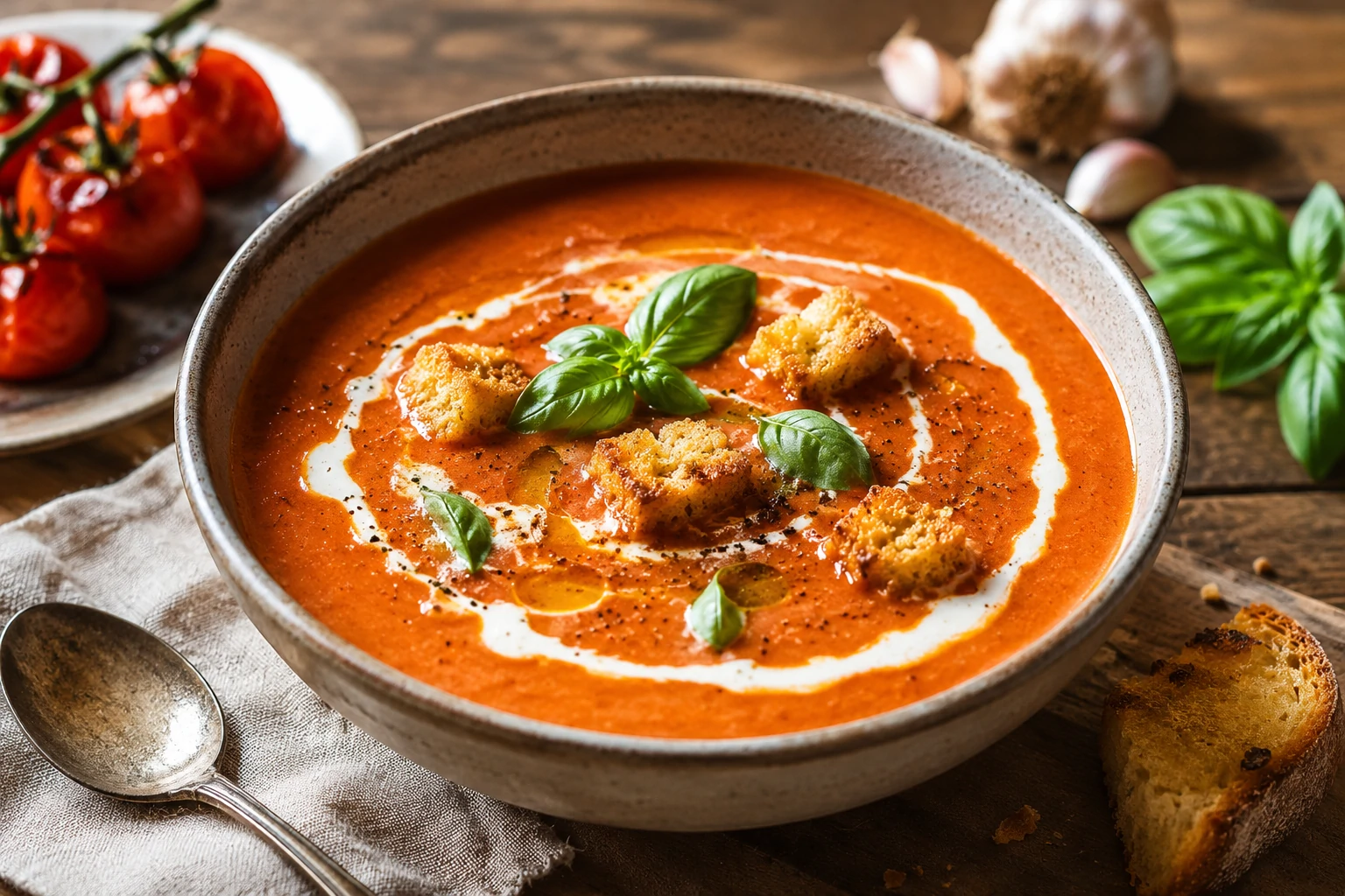 طريقة-عمل-شوربة طماطم سورية مشوية بالفرن مع الثوم والريحان الطازج، تقدم في أطباق عميقة مزينة بأوراق الريحان وقطع الخبز المحمص