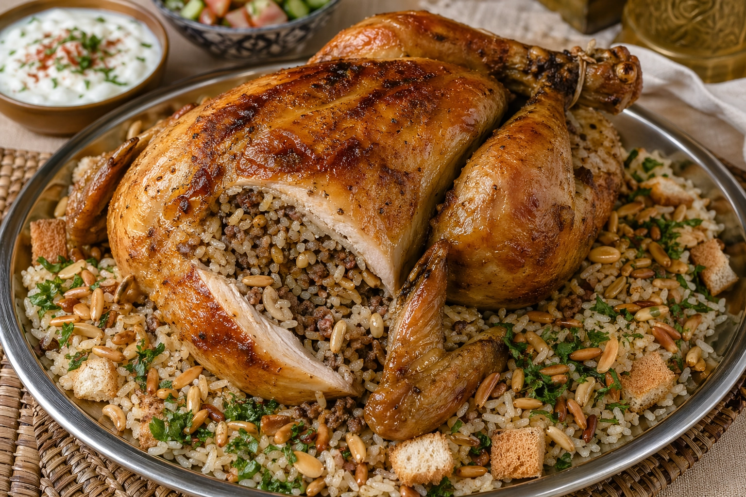 طريقة-عمل-دجاجة كاملة محشية ومحمصة ذهبية في صينية فرن، مع أرز فتة وصنوبر وخبز محمص على الجانب
