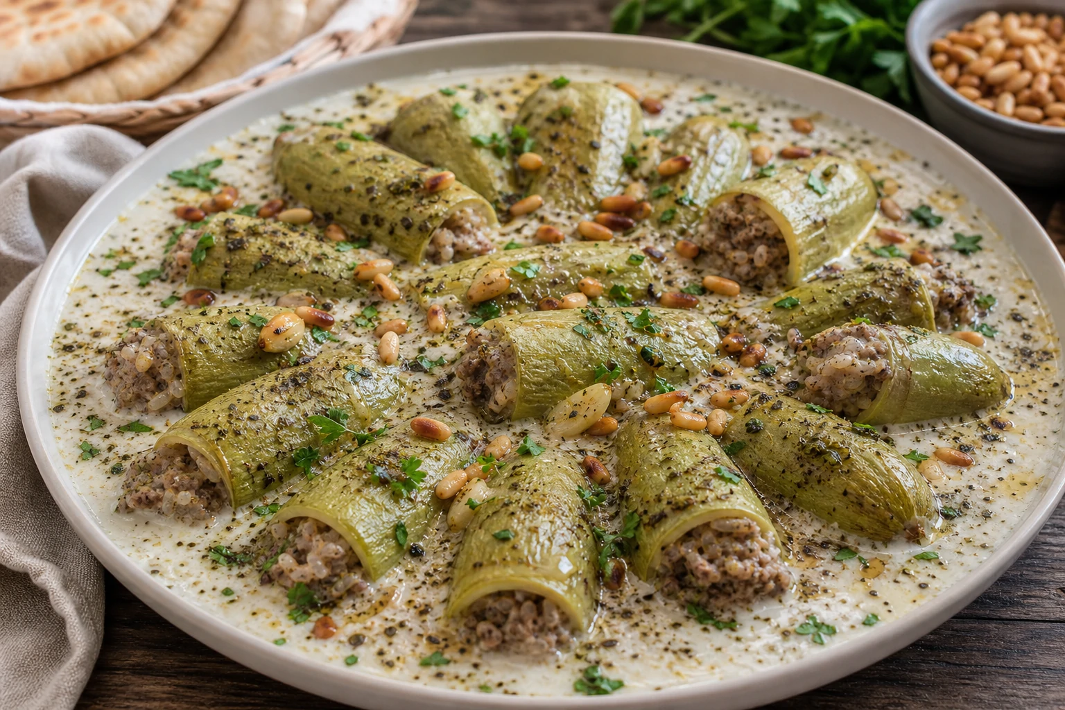 طبق كوسا محشي سوري مغمور بمرق اللبن المطبوخ المزين بالنعناع الجاف والصنوبر المحمص مع خبز عربي طازج