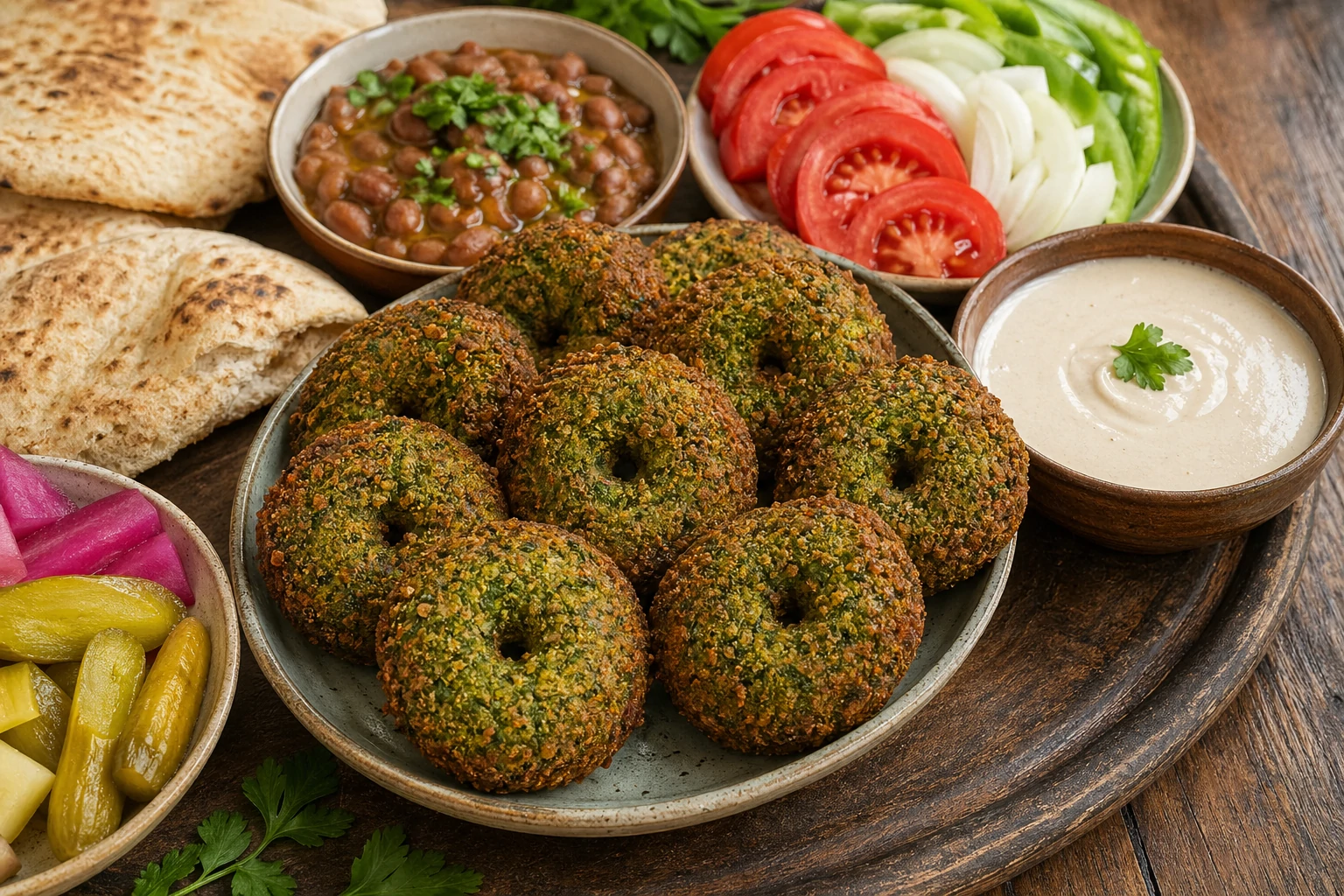 أقراص طعمية مصرية ذهبية مقرمشة من الفول الأخضر بالبصل والكزبرة مع سلطة طحينة وطبق فول وشرائح طماطم وخبز بلدي
