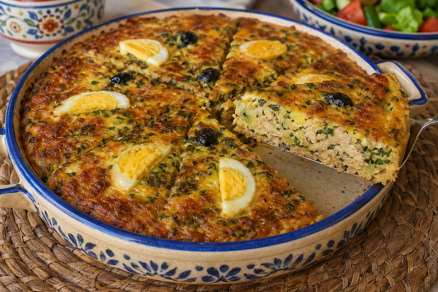 طاجين تونس بالدجاج والجبن والبقدونس ذهبي محمر ومتماسك مقطع مثلثات في طبق تقليدي