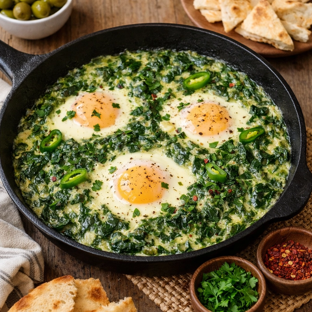 طريقة-عمل-شكشوكة خضراء تونسية بالسبانخ والكريمة مع بيض طري في مقلاة