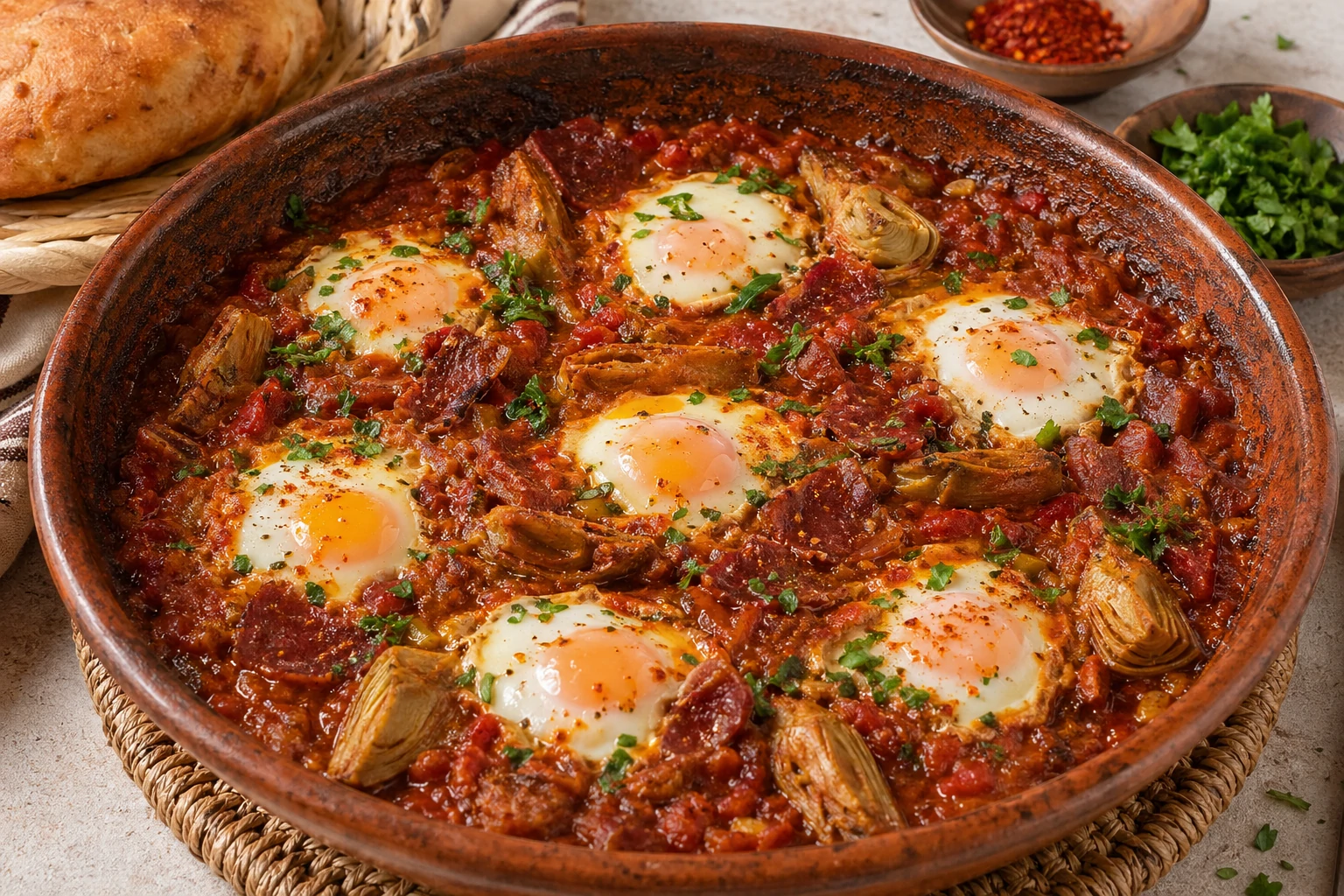 طبق شكشوكة تونسية بالخرشوف واللحم المقدد مع بيض مثالي ووجه طماطم مكرمل في مقلاة فخارية