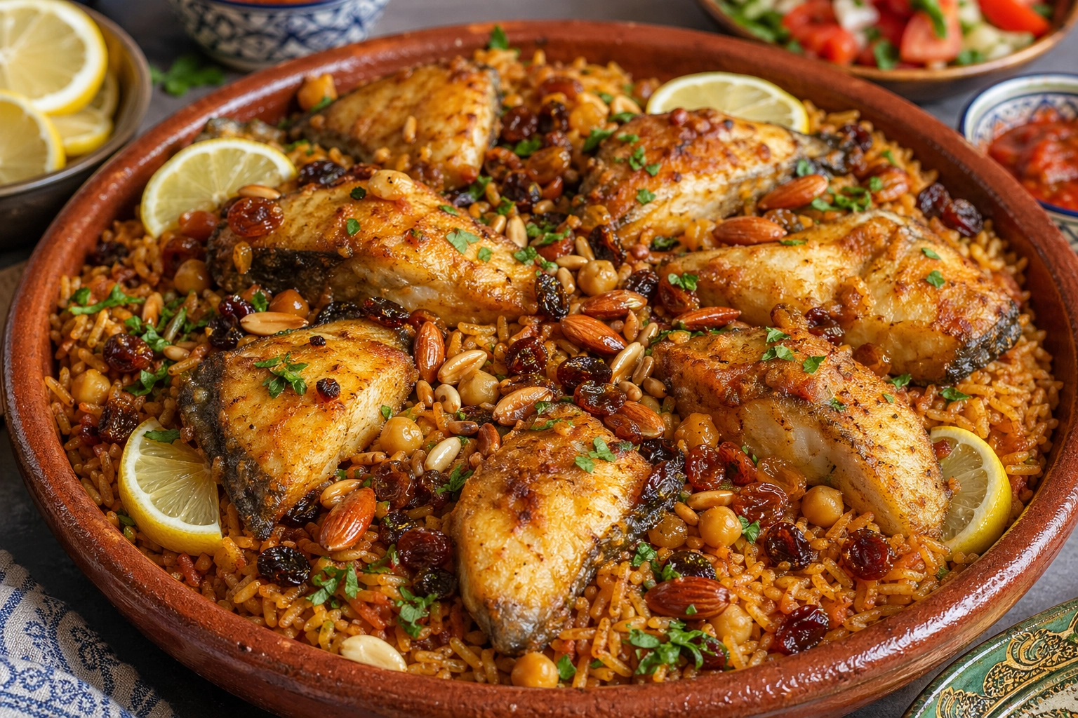 طريقة-عمل-طبق أرز تونسي بالسمك المحمر مع صلصة الهريسة والزبيب والمكسرات في طبق فخار تقليدي