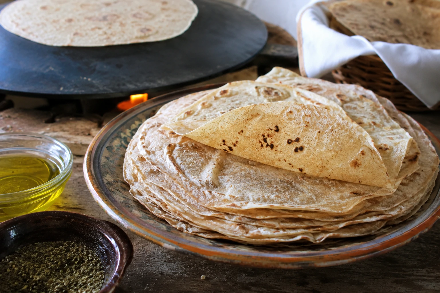 طريقة-عمل-خبز شراك تونسي رقيق جداً مصنوع من القمح الكامل، يُخبز على الصاج الساخن ويرص في طبق مع زيت الزيتون والزعتر