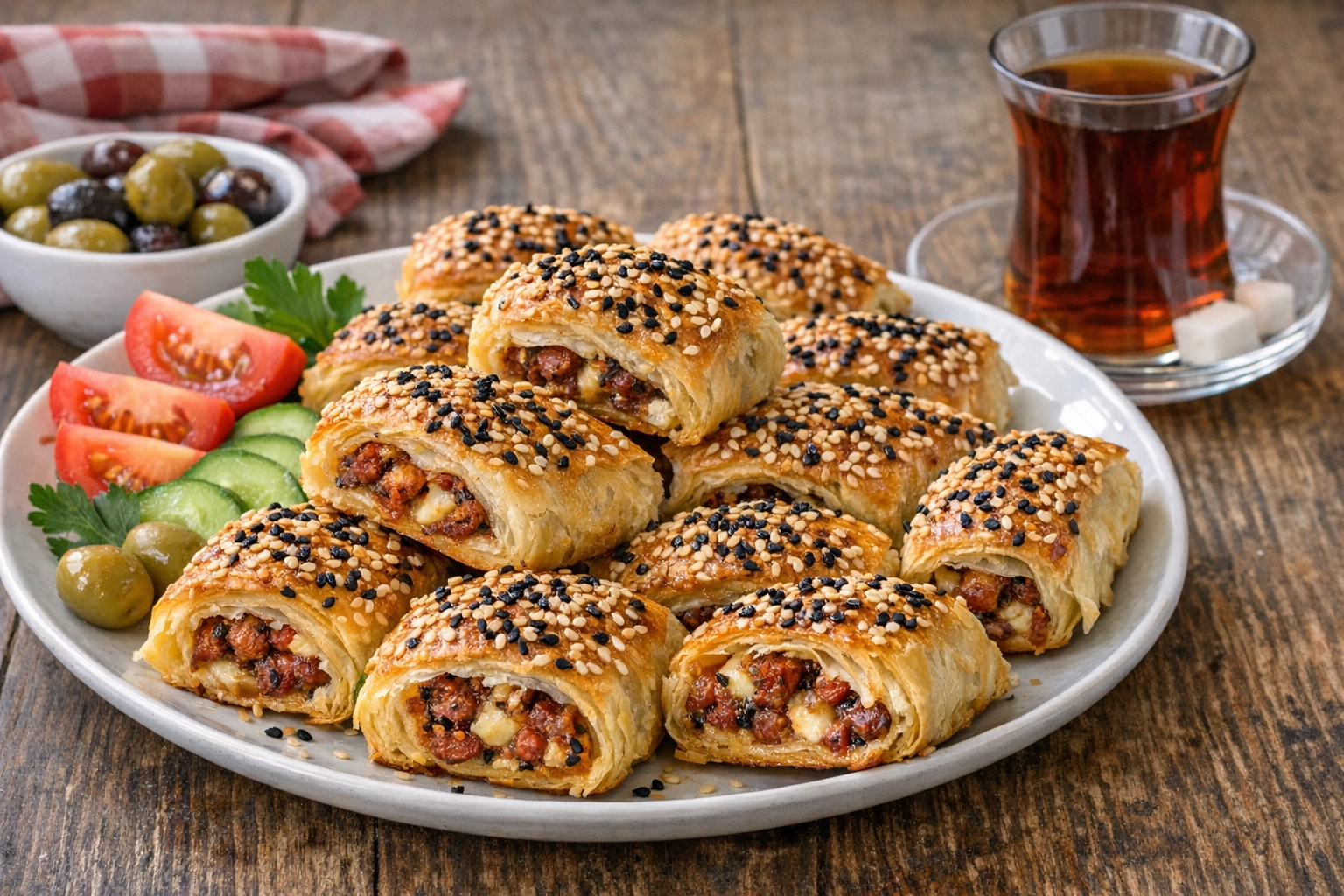 طريقة-عمل-بوريك تركي ذهبي مقرمش محشو بالسجق الحار ومغطى بالسمسم وحبة البركة مع كوب شاي تركي