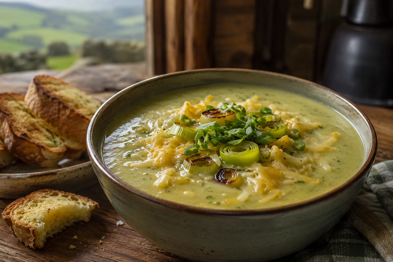 طبق شوربة عميق يحمل شوربة البصل الأخضر الويلزية الكريمية، بلونها الأخضر الفاتح المخملي، تعلوها خيوط جبنة الشيدر الذائبة وقطع البصل الأخضر المكرمل، مع خبز محمص مقرمش بالثوم على الجانب، في كوخ ويلزي دافئ مع إطلالة على الوديان الخضراء