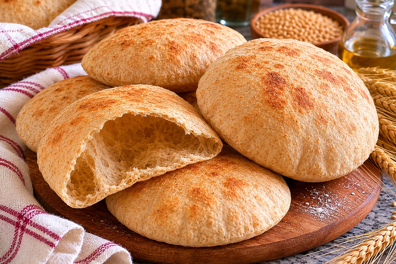 عيش حبة كاملة مصري طري ومنتفخ مع جيب هوائي رائع، بني ذهبي على صينية خبز