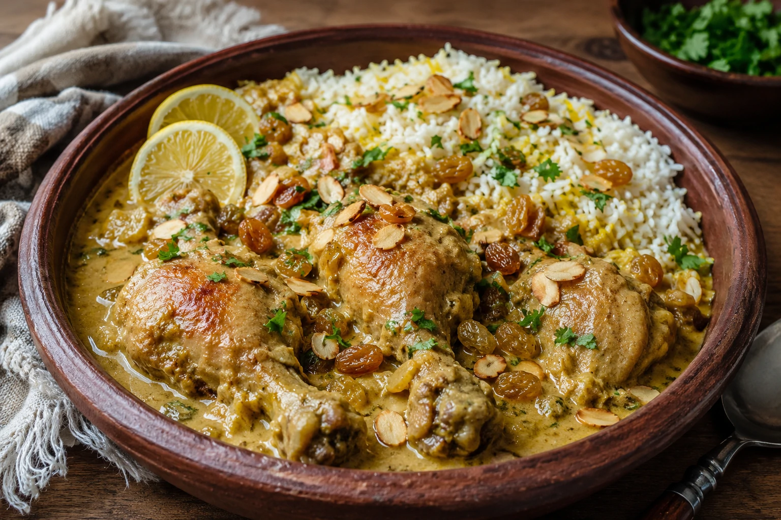 طريقة-عمل-طبق دجاج يمني بالكاري والزبيب واللوز بصلصة كريمية ذهبية، يقدم في طبق فخاري مع أرز مندي وشرائح اللوز المحمص