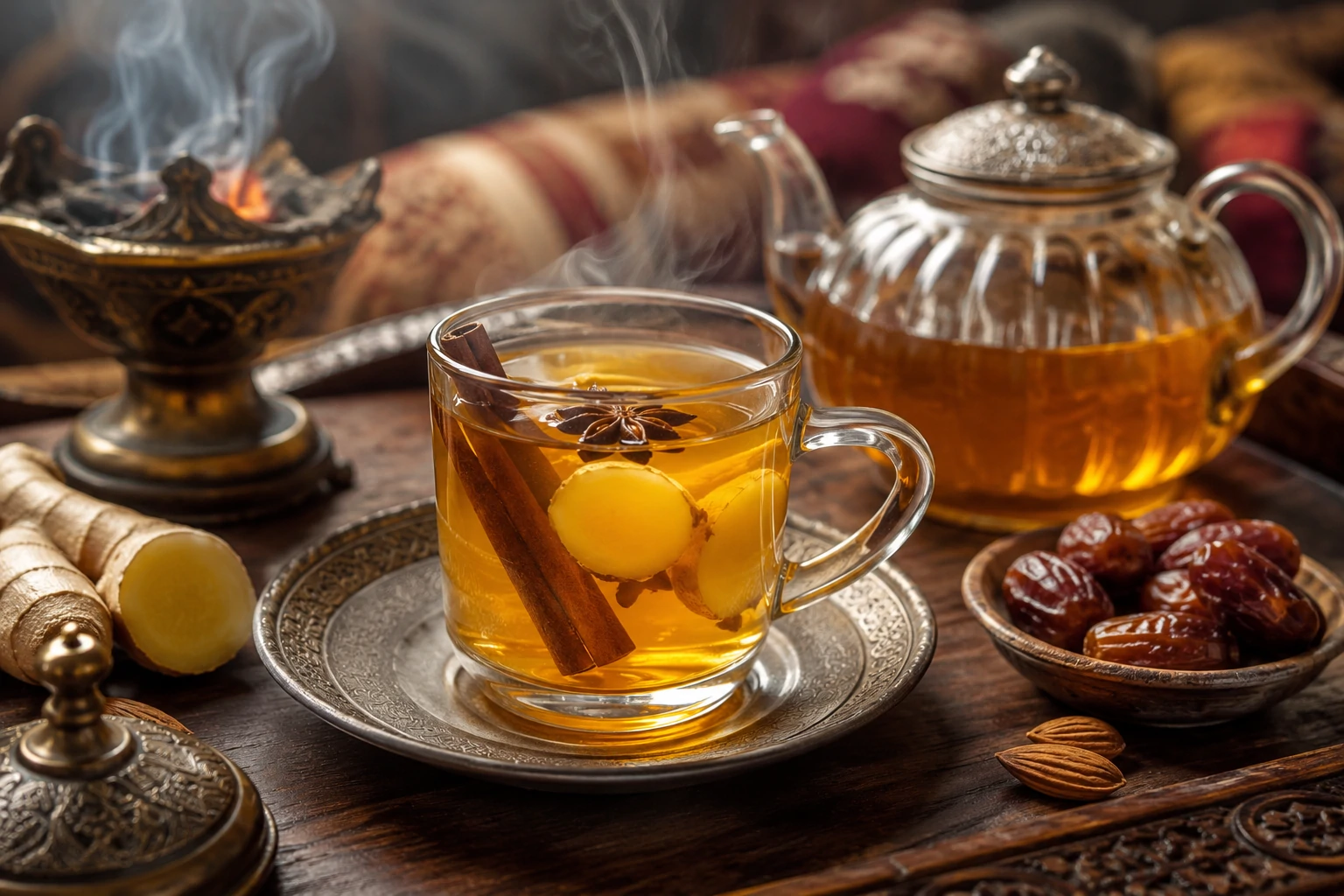 كوب شاي يمني بالزنجبيل والقرفة والعسل بلون ذهبي دافئ، مزين بعود قرفة وشرائح الزنجبيل الطازج ونجمة يانسون، يقدم في مجلس يمني تقليدي مع بخور وتمر