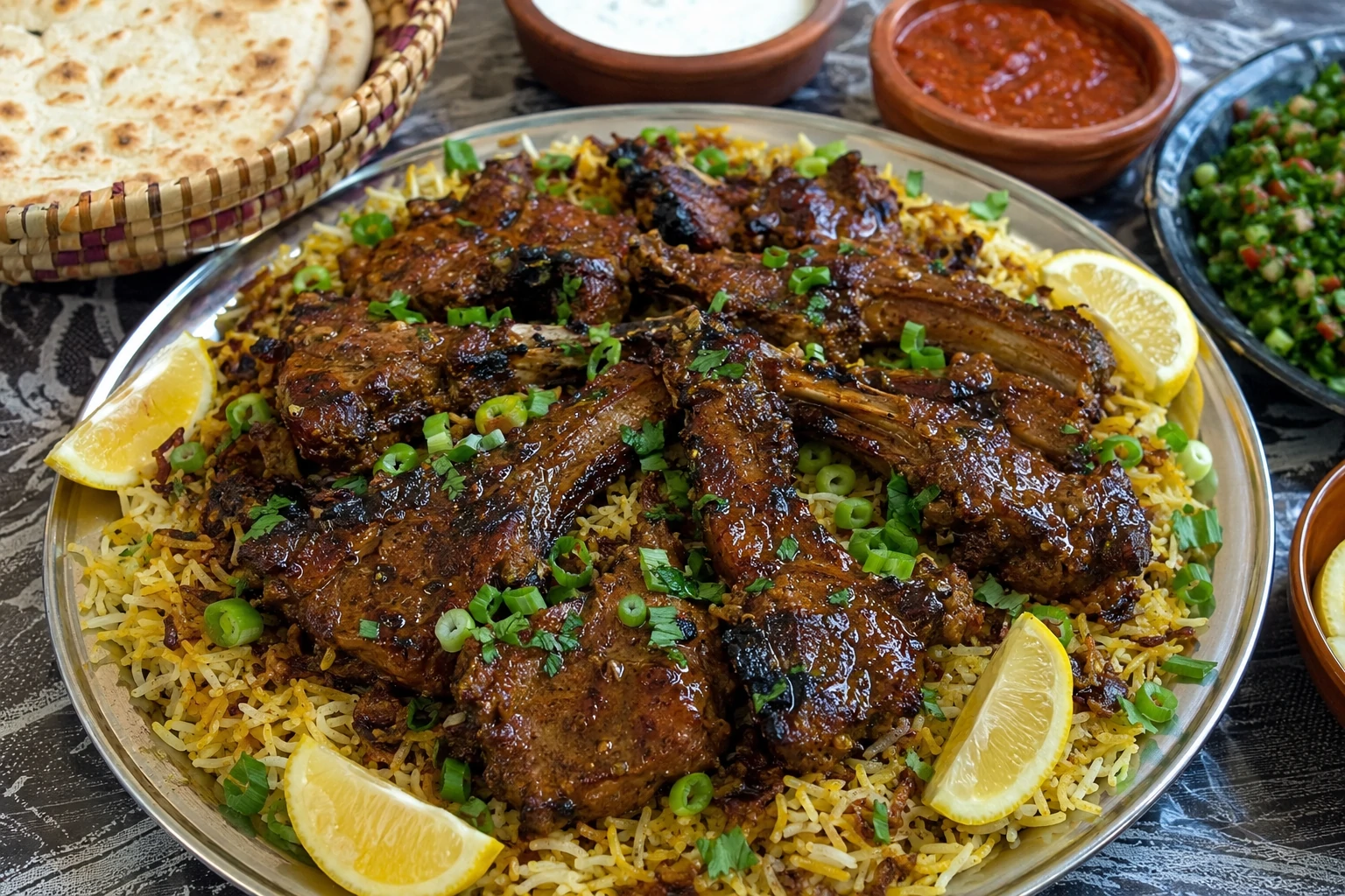 طبق لحم مشوي يمني بقطع ذهبية لامعة بالتتبيلة الحلوة الحارة بالزنجبيل والعسل، يقدم مع الأرز والليمون والسلطة على مائدة يمنية تقليدية