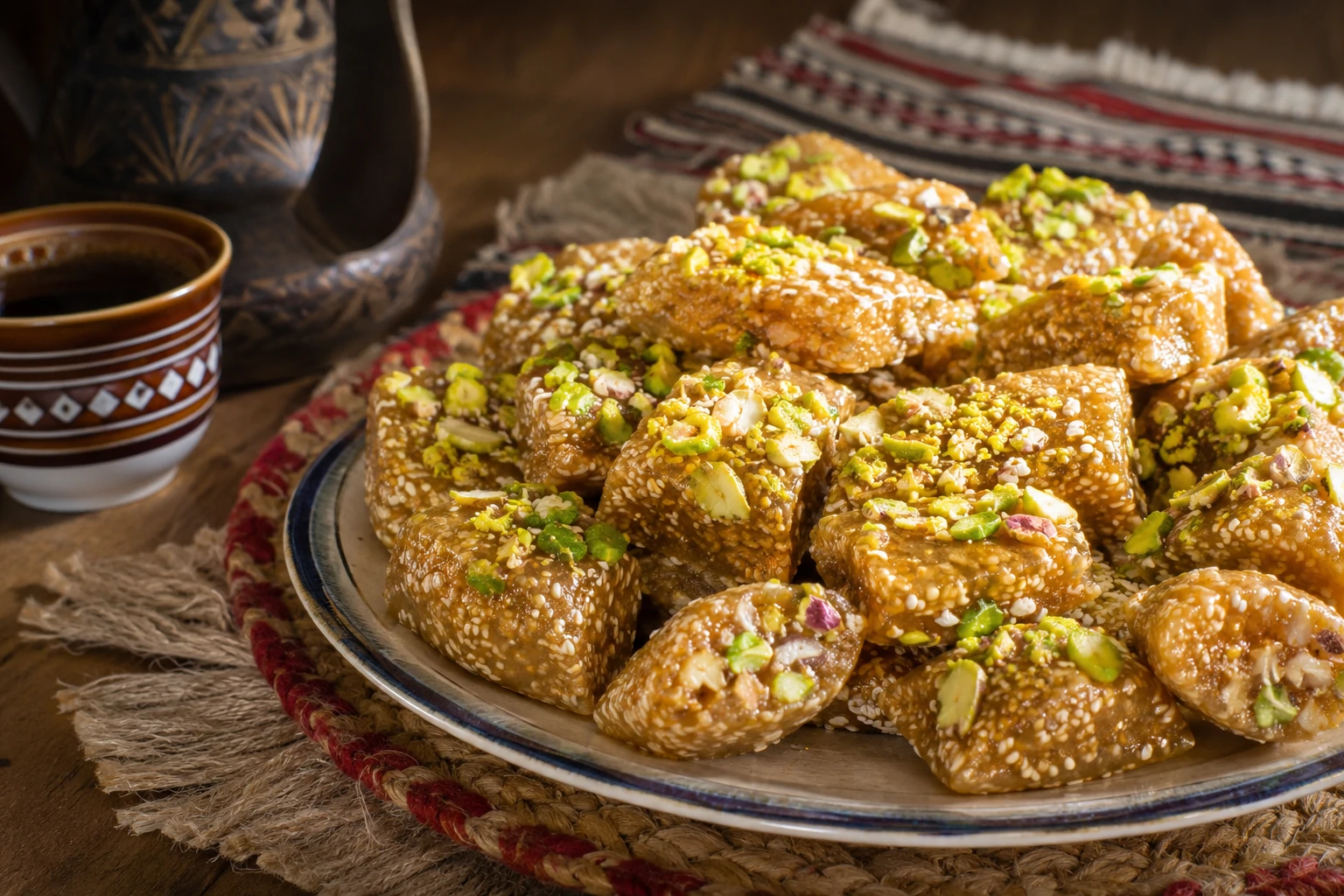 قطع حلوى عسل يمنية بالسمسم والفستق مطاطية وذهبية مزينة بالفستق الحلبي، تقدم مع القهوة اليمنية على طاولة تراثية