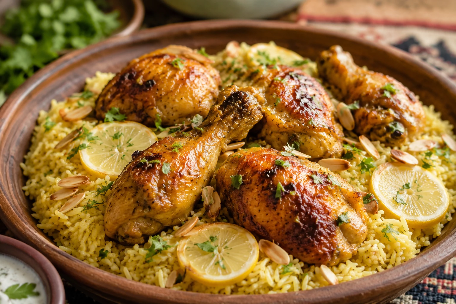 طريقة-عمل-دجاج يمني ذهبي محمر بخلطة الزعفران والزنجبيل والعسل، يقدم في طبق فخاري مع الأرز المندي وشرائح الليمون واللوز المحمص