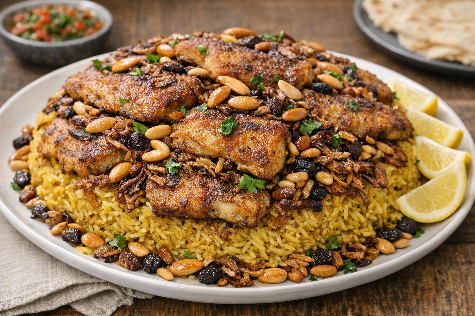 طريقة-عمل-طبق صيادية السمك اليمني المقلوب مع أرز ذهبي معطر بالبهارات الصفراء وسمك مقرمش مزين باللوز المحمص والبقدونس