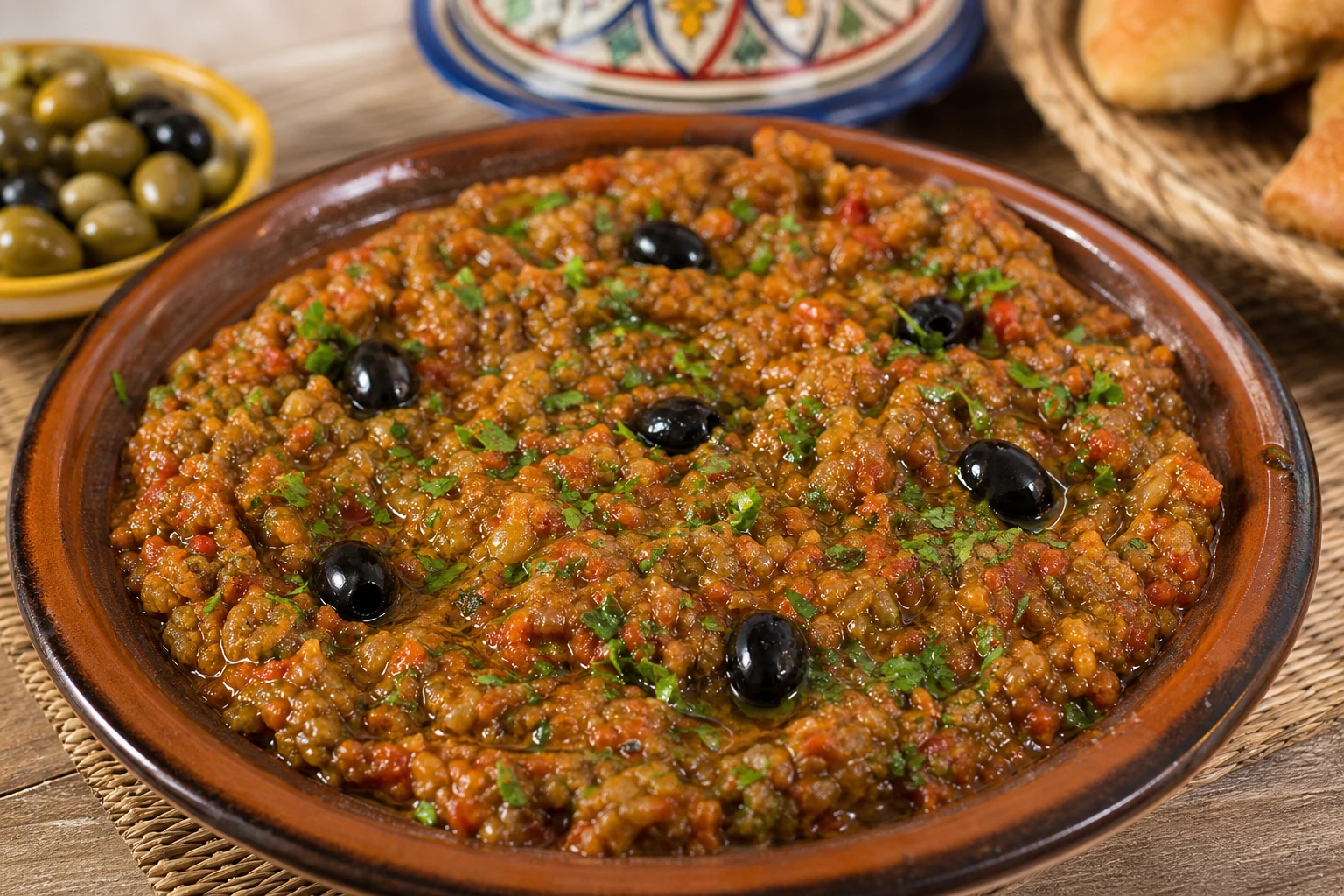 سلطة زعلوك مغربية باذنجان مدخن وطماطم متماسكة في طبق خزفي مع زيت الزيتون وكمون وكزبرة خضراء